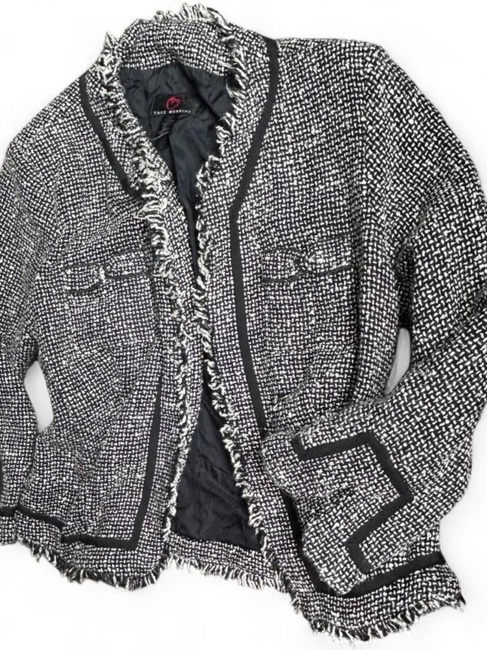 Vintage True Meaning Tweed Fringed Blazer - Black & White (LG)